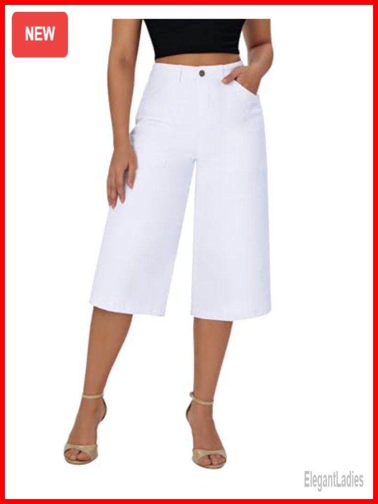 Wide Leg Capri Jeans Stretchy High Waisted Loose Denim Pants